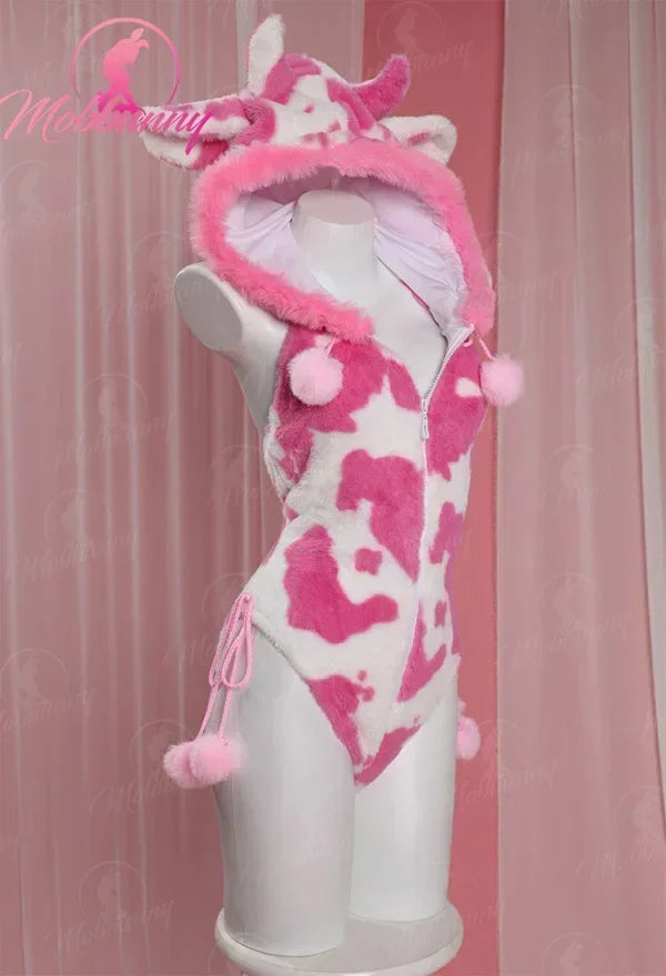 Mobbunny Women Christmas Lingerie Plush Bodysuit Cow Print Paw Cosplay Costume Hooded Romper with Paw Gloves and Thigh Socks