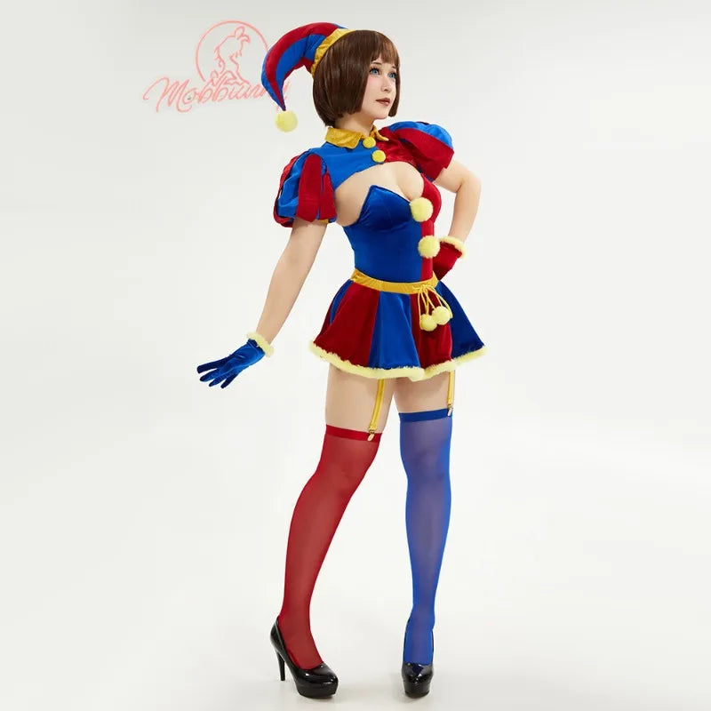MOBBUNNY Halloween Clown Cosplay Costume Women's Lingerie Set Blue Red Bodysuit and Mini Skirt with Gloves and Hat clown