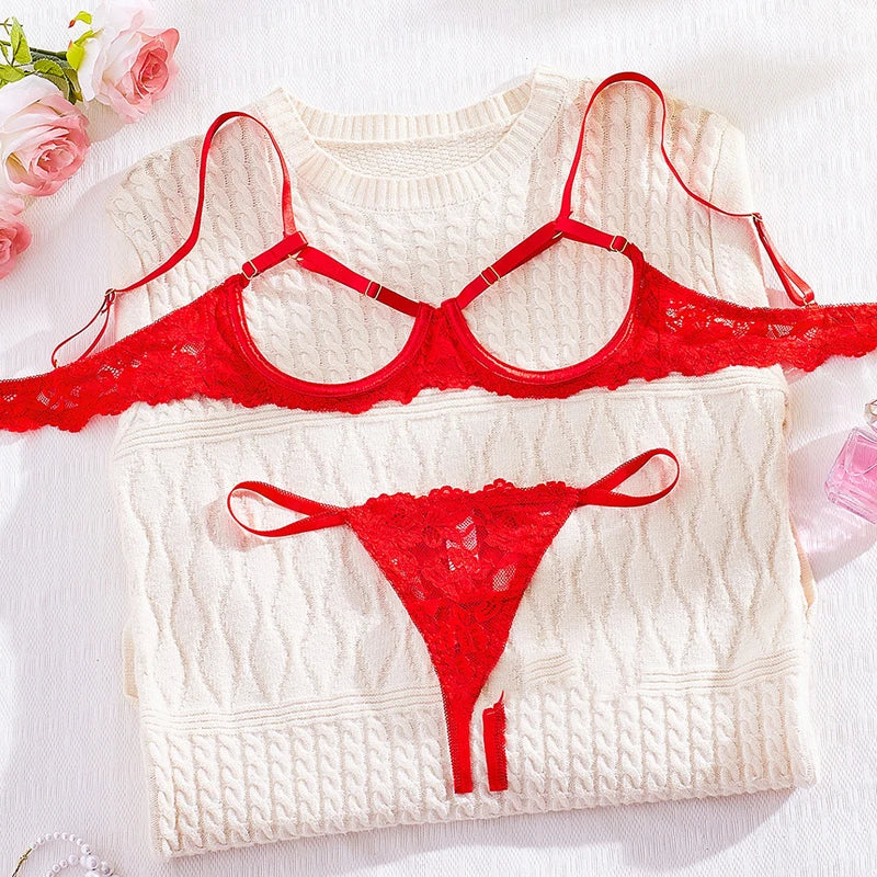 Toucheart 2 Piece Set Sexy Interesting Underwear Set for Women Solid Color Lace Mesh See-through Bra Exotic Sexy Lingerie Set