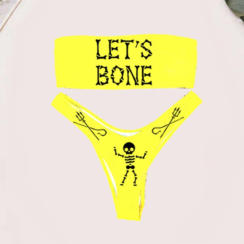 Gothic Bikini 2025 Women Skeleton Tube Top Bra Triangle Bottoms Swimsuit Split Bathing Suit Underwear Y2K Bikinis Swimwear