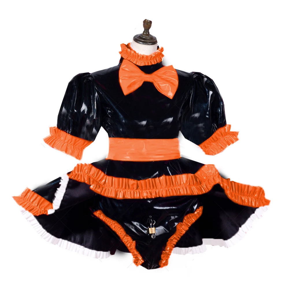 lockable dress Role Play Maid Dress with Apron Lockable Panties French Sissy PVC Short Sleeved Dress Lockable Uniform XS-7XL
