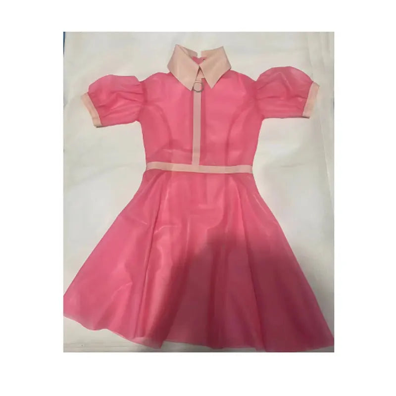 Handmade sexy Natural Latex Dress Transparent Pink trim Handmade Dress with Back Zipper Rubber Dresses Cute Skirt Customized