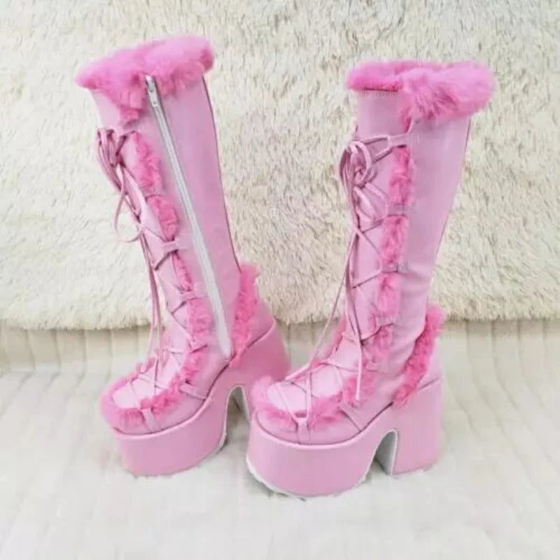 New Winter Women Snow Boots Platform High Heel Faux Fur Lady Shoes Female Plush Warm Non-slip Mid Calf Boots Goth Shoes
