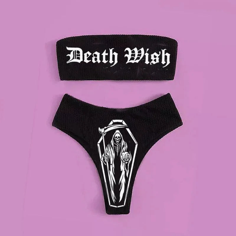 Gothic Bikini 2025 Women Skeleton Tube Top Bra Triangle Bottoms Swimsuit Split Bathing Suit Underwear Y2K Bikinis Punk Swimwear