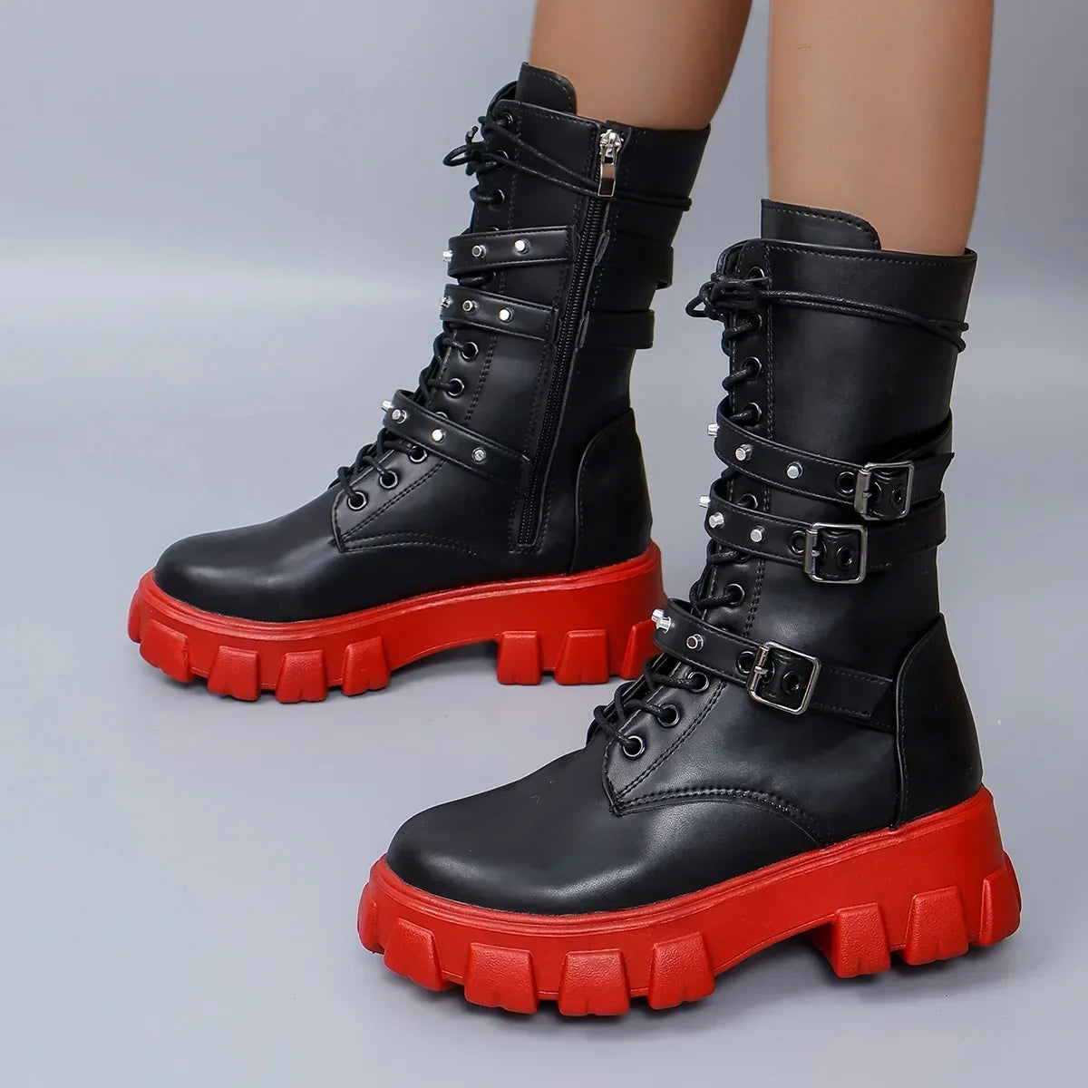 Luxury Brand Woman Boots Winter New Pu Leather Platform Fashion Lace Up Punk Gothic Booties Casual Work Shoes botines mujer
