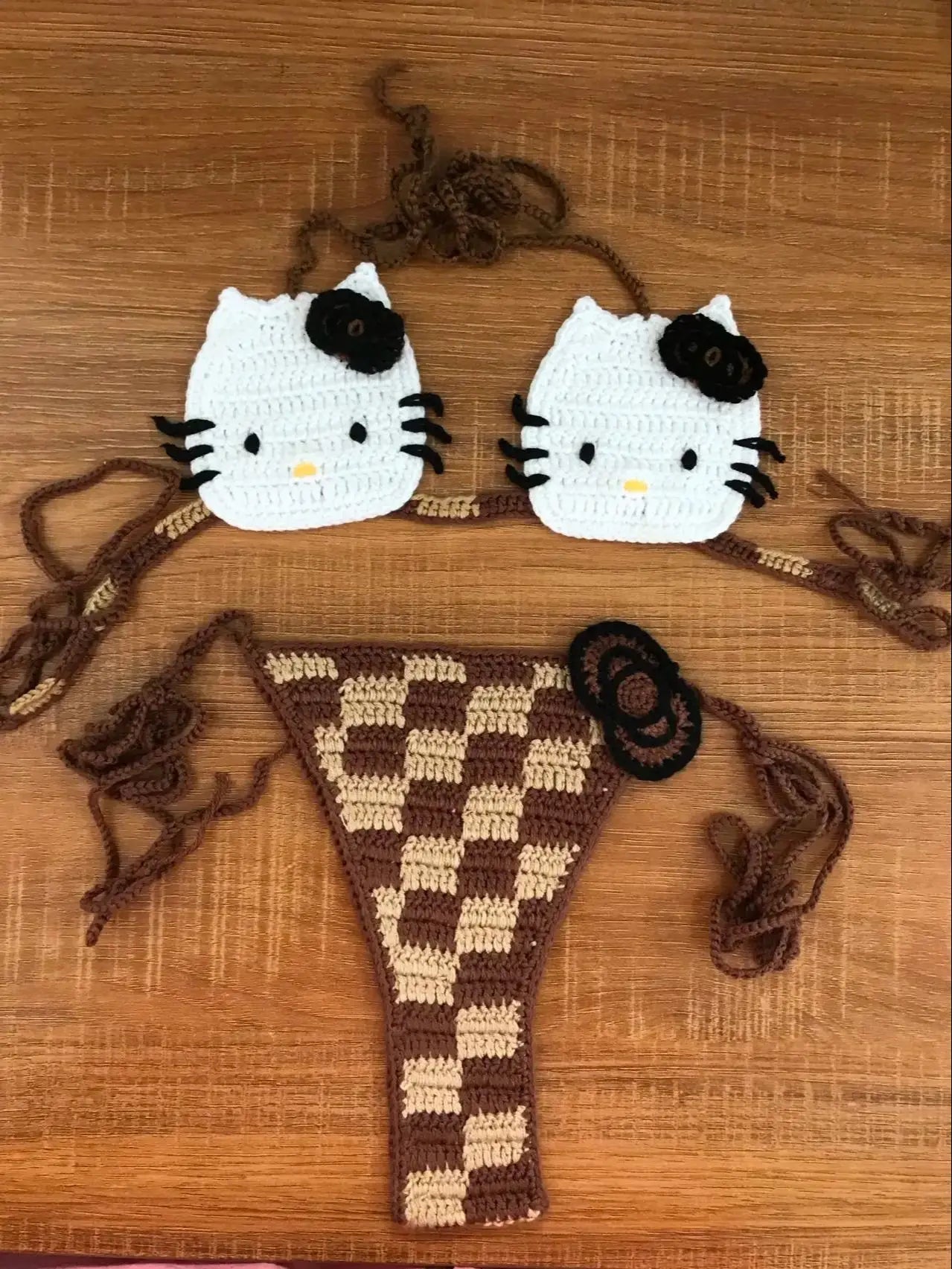 100% Handmade Crochet Brown Bikini Set Swimwear Beachwear Outfit Island Crochet Bikini Bow Cute Bathing Suit Women DIY clothing