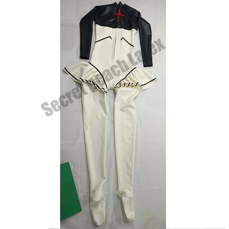 Latex Catsuit Cosplay Nun Latex Fullbody Suit With Zipper With Lace Latex Lolita Catsuit CUSTOMIZED