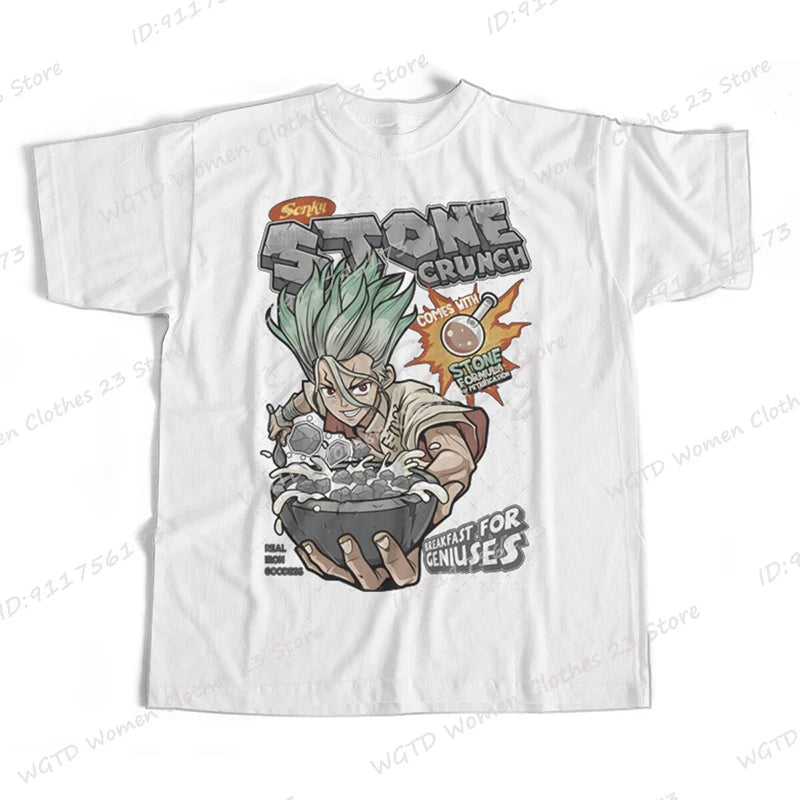Anime Dr Stone Print T-shirts For Women/Men Summer Round Neck Solid Color Tee Shirts Fashion Casual Popular Oversized Tee Shirts