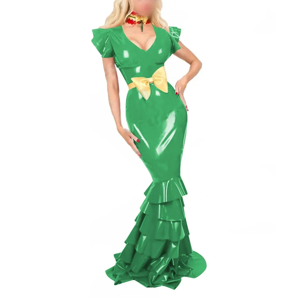 Plus Size Sexy V Neck Hobble Dress Vestido PVC Leather Short Sleeve Slim Ruffled Design Bodycon Maxi Dress Banquet Venue Gown