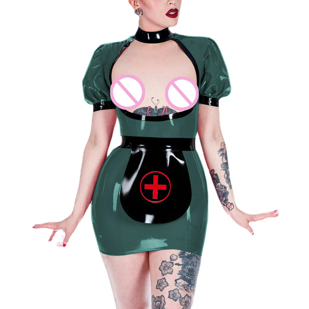 Sexy Shiny PVC Open Chest Apron Nurse Uniform Exotic Party Hip Exposed Bodycon Mini Dress Fetish Cosplay Costumes Role Play Set