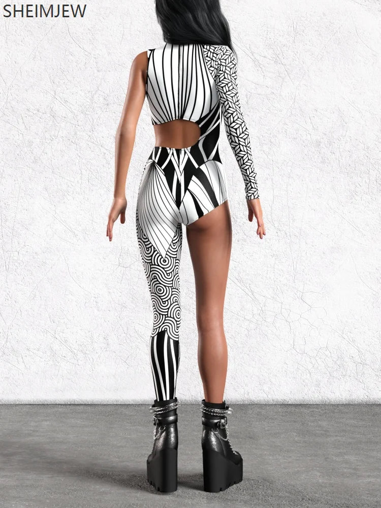 Colorful Irregular Art Striped Jumpsuit Women's Cyberpunk Role Play Costume Halloween Personality Half-sleeve Performance Tights
