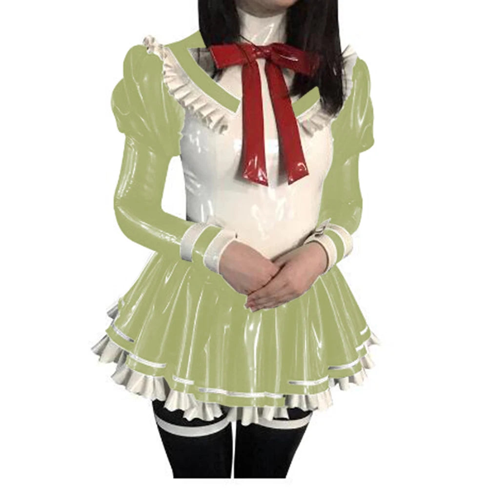 Cosplay Custom Mini Dress Sexy Faux Latex French Maid Club Dresses Long Puffs Sleeves Ruffles PVC Uniform Outfit Clubwear
