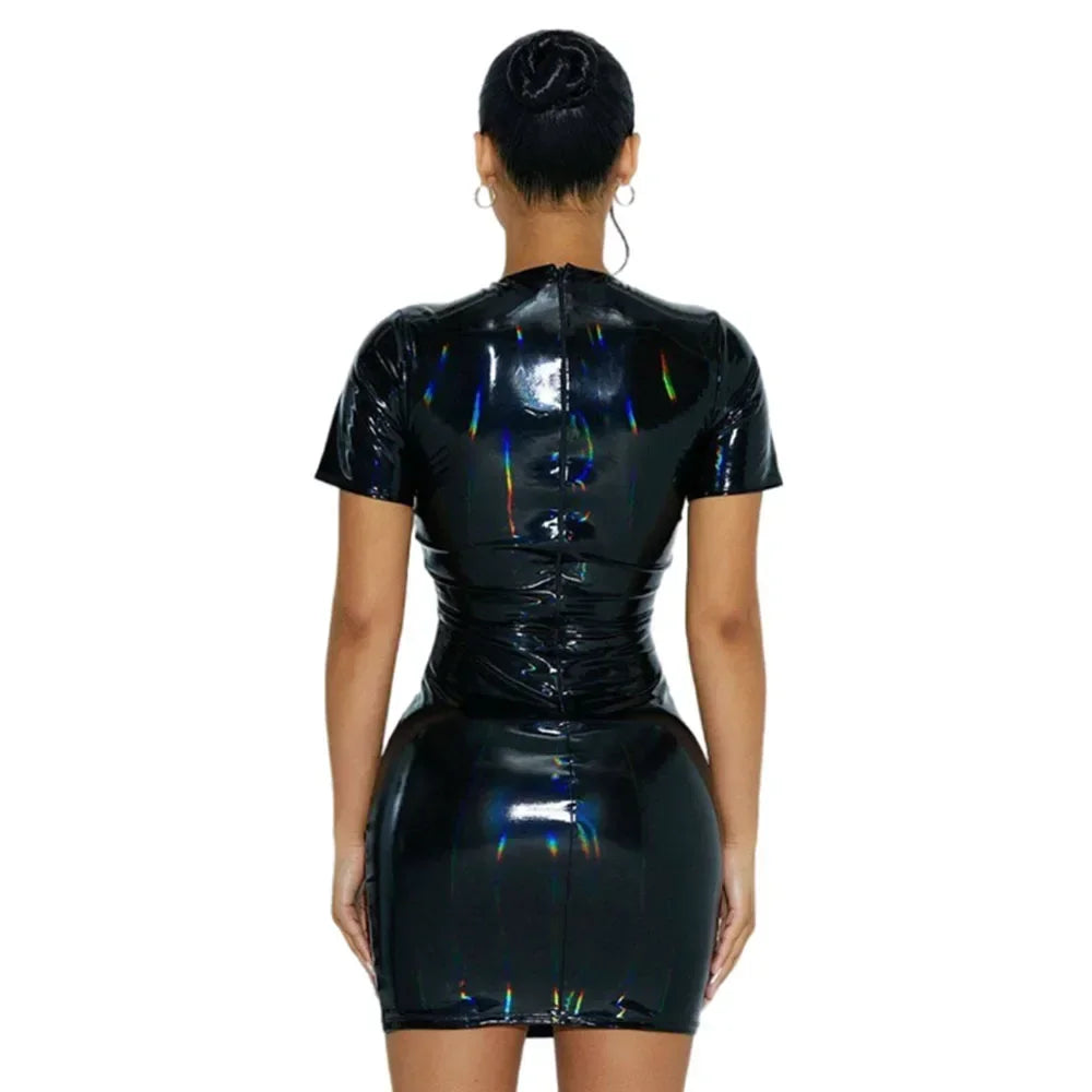 Plus Size Short Sleeve Summer Dress PVC Leather Tight Solid Pencil Mini Dress for Women Sexy Bodycon Dress Casual Daily Wear 8XL