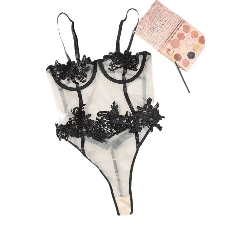 Toucheart Sexy Underwear See-Through Mesh Patchwork Nightclub Sexy Lingerie Jumpsuit For Women Embroidery Suspender Bodysuit New