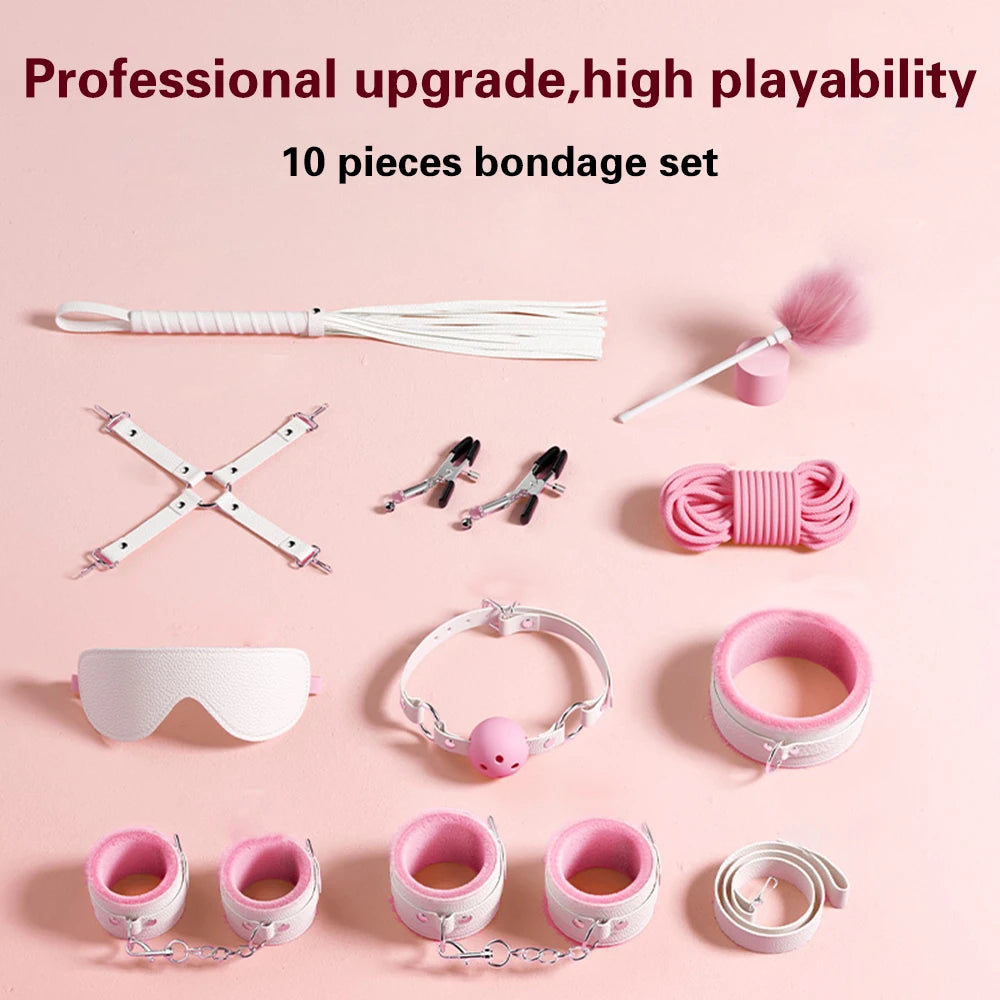 Exotic Bed Bondage Set BDSM Kits Exotic Sex Toys For Adults Games Leather Handcuffs Whip Gag Nipple Clamps Women Sex Products