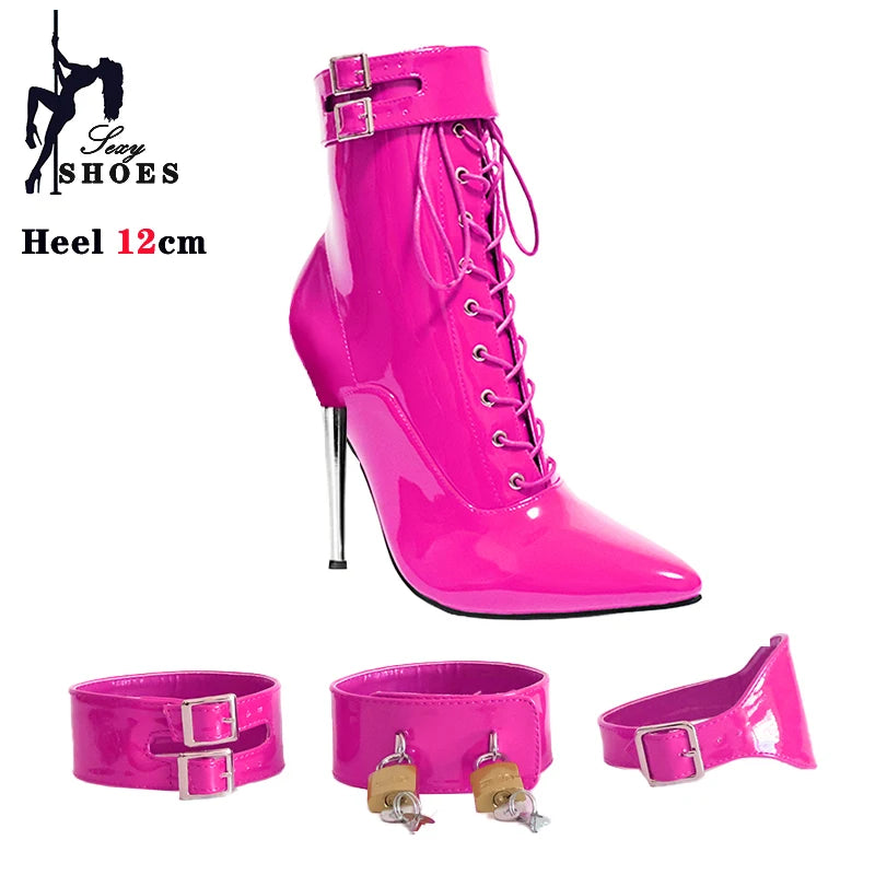 New High Heel 12cm Stilleto Sexy Ankle Boots Pointed Toe Two Lockable Padlocks Women Shoes T Show Thin High Heels Plus Size