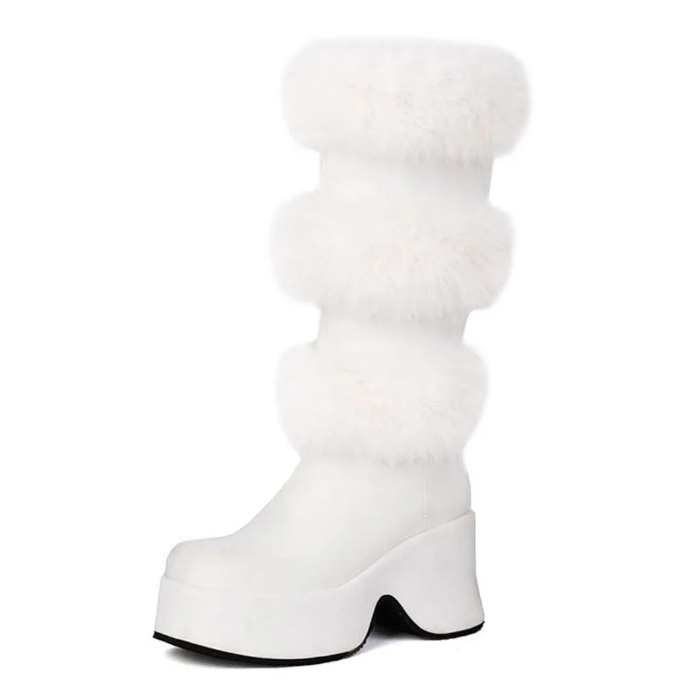 GIGIFOX Platform Furry Boots Chunky High Heeled Winter Autumn Knee High Boots Women Faux Fur Zip Gothic Style Punk Shoes Ladies