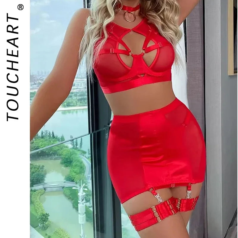 Toucheart 5-Pieces Erotic Lingerie Sexy Hip Skirt For Women Mesh Patchwork Hollow Out See-Through Lure Garters Underwear Suit