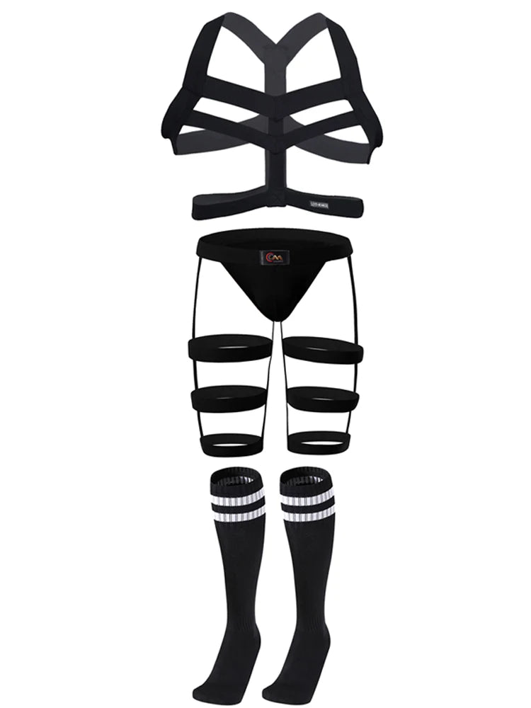 CLEVER-MENMOD Men Sexy Porn Halterneck Chest Briefs Stockings Set Jockstrap BDSM Harness Lingerie Exotic Sissy 18+ Adult Costume