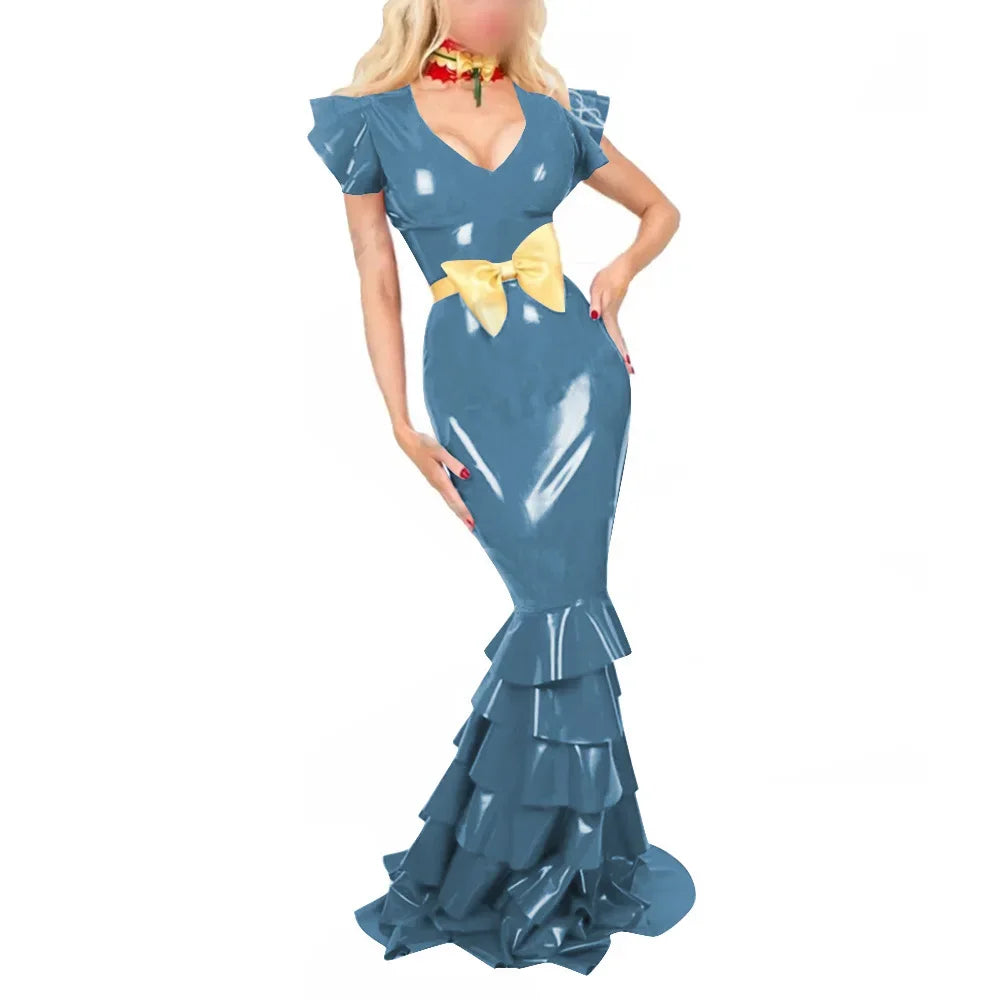 Plus Size Sexy V Neck Hobble Dress Vestido PVC Leather Short Sleeve Slim Ruffled Design Bodycon Maxi Dress Banquet Venue Gown