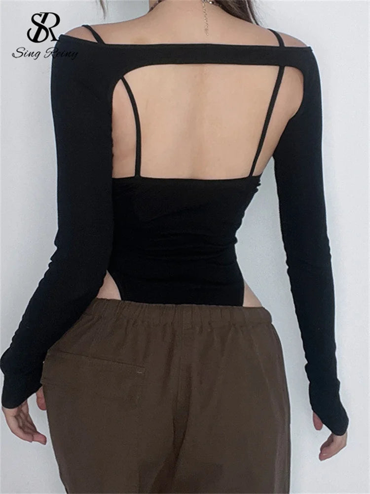 SINGREINY Sexuality Gauze Spliced Skinny Rompers Fashion Long Sleeve Female Bodysuits Ladies Streetwear Sheer Backless Playsuits