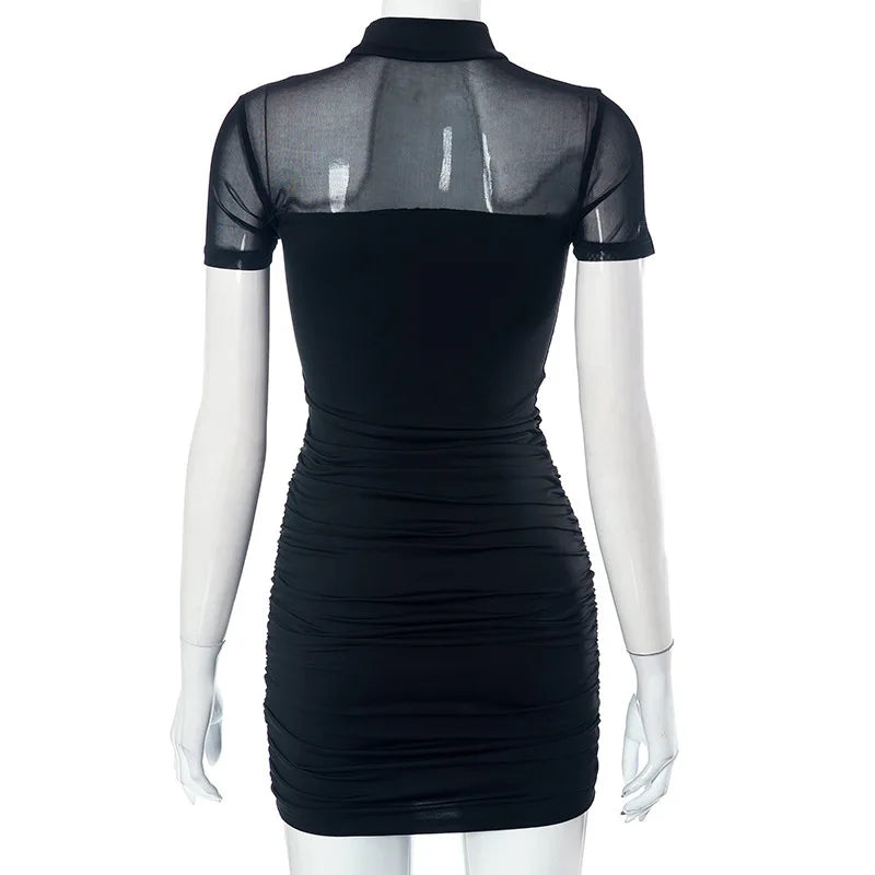 Goth Dark Mall Goth Mesh Patchwork Short Sleeve Mini Dress Cyber Y2K Half High Pleat Bodycon Dresses Women Slim Techwear