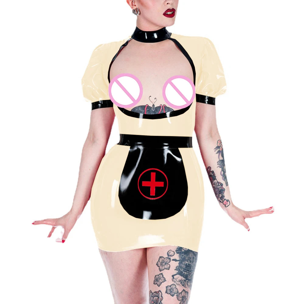 Sexy Shiny PVC Open Chest Apron Nurse Uniform Exotic Party Hip Exposed Bodycon Mini Dress Fetish Cosplay Costumes Role Play Set