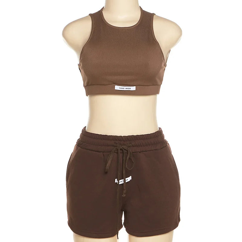 Sporty Solid Letter Two Piece Set Women Ribbed Skinny Tank Tops+ Loose Casual Bandage Shorts Matching Female Tracksuit