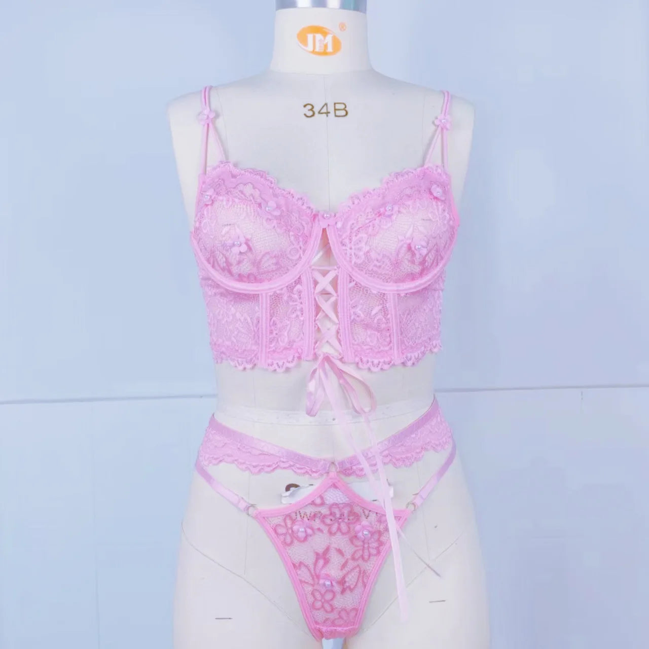 Toucheart Sexy Lingerie Strap Underwire Lace Bra For Women Sexy Beaded 3D Flower Hollow Out See-through Lace Up Underwear Set