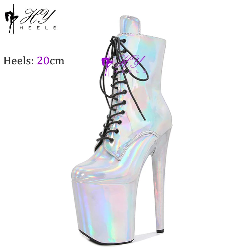 Silver Luminous 20CM/8Inch Exotic Pole Dancing Boots Night light Holographic Reflective Stripper Platform Party High Heels Shoes