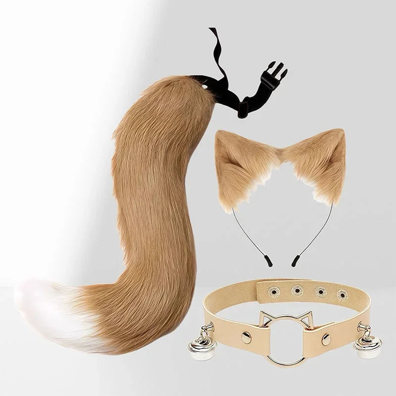 Fox Cat Ears Mask+Tail +Gloves,Fluffy Animal Headwear Ears Hairpin+Tail +Bell,Hair Hoop Set for Halloween Cosplay Accessories