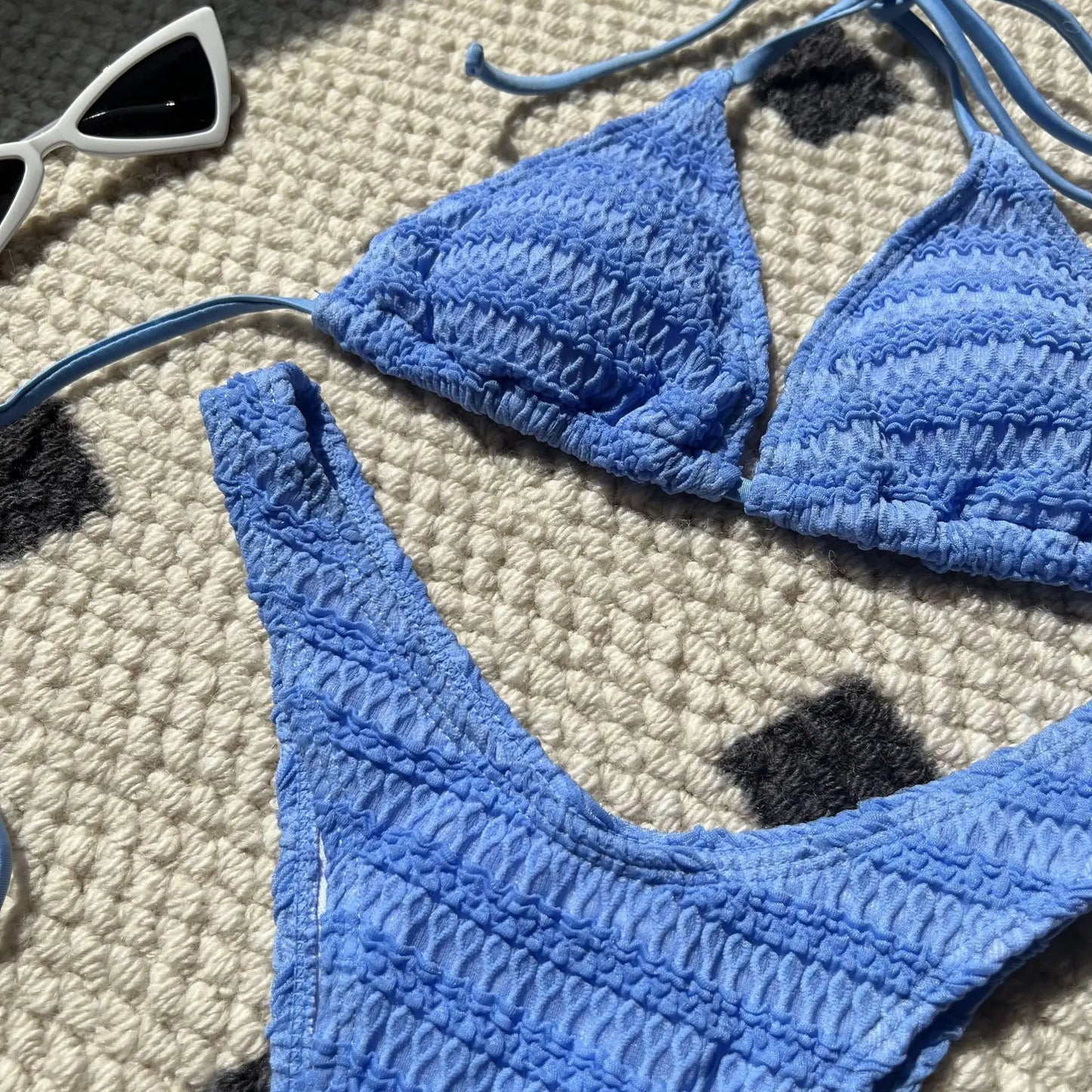 Melphieer Bikini 2025 Summer Lady's Clothes Beach Textured 2 Piece Bikini Set String Halter Ties Top High Leg Bottom VacayOutfit