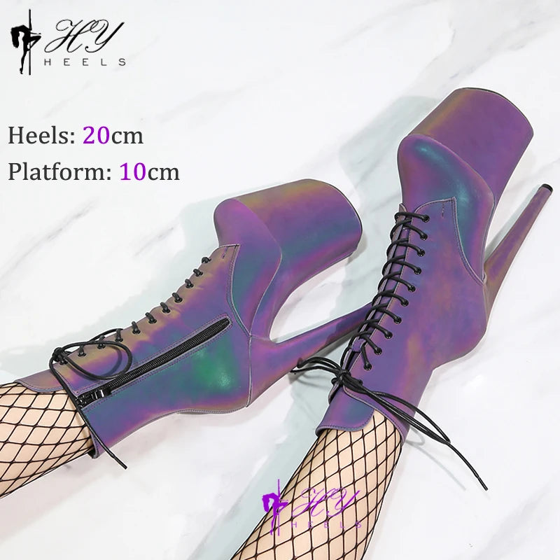 Silver Luminous 20CM/8Inch Exotic Pole Dancing Boots Night light Holographic Reflective Stripper Platform Party High Heels Shoes