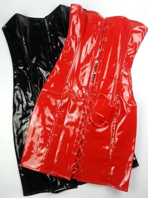 PVC Leather Corset Dress Sexy Women Gothic Punk Long Strapless Torso Bustier Body Slim Club Vinyl Latex Mini Dress Plus Size