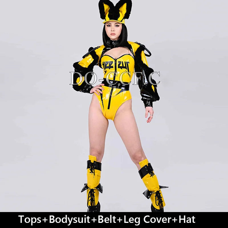 Gogo Dance Clothes Showgirl Stage Costume Black Yellow Bodysuit Drag Queen Outfit Nightclub Party Rave Clothing Jazz Dance 3097