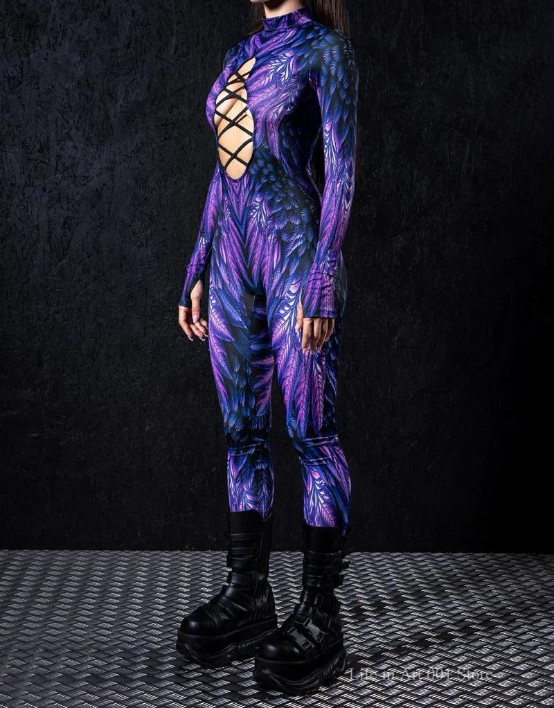 Hollow Out Bandage 3D Evil Feather Party Cosplay Sexy Bodysuit Halloween Carnival Party Costume Yoga Cloth Zentai Tight Jumpsuit