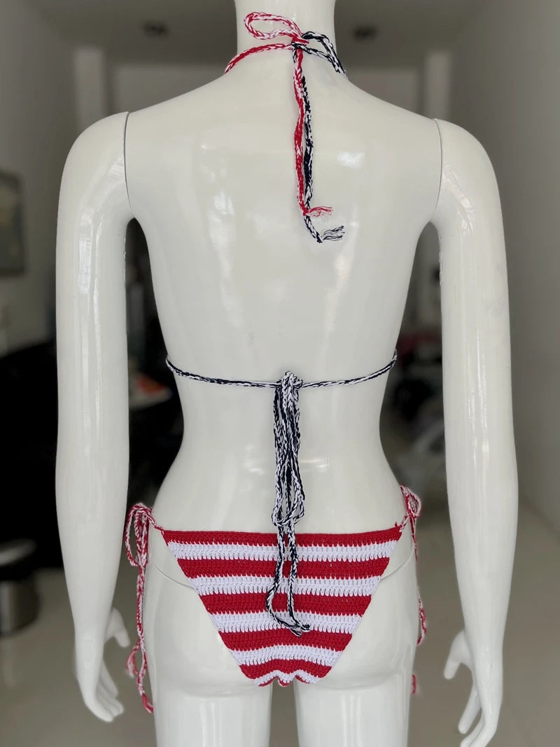 ASHBURNS USA American Flag Bikini Bathingsuit The Stars And The Stripes Handmade Crochet Beachwear Women String Bikini Set Two-Pieces