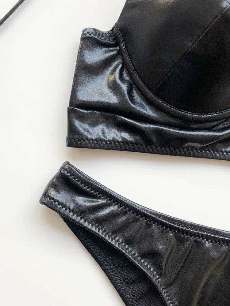 Shiny Faux Leather PU Bikini Women Swimsuit Bra cup
