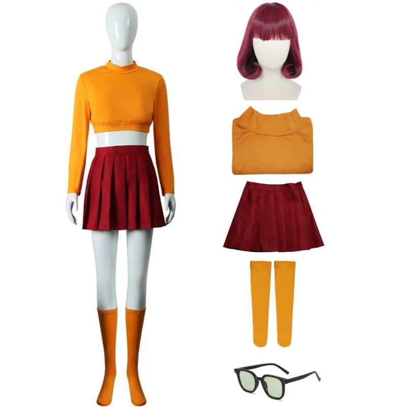 Anime Velma Seragam Cosplay Kostum Orange Short Skirt Uniform Wanita Oranye Kaus Kaki Rok Atas Halloween Party Carnival Set