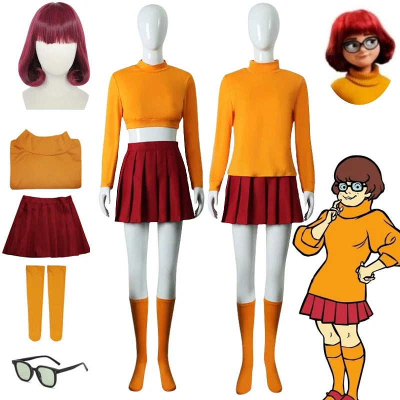 Anime Velma Seragam Cosplay Kostum Orange Short Skirt Uniform Wanita Oranye Kaus Kaki Rok Atas Halloween Party Carnival Set