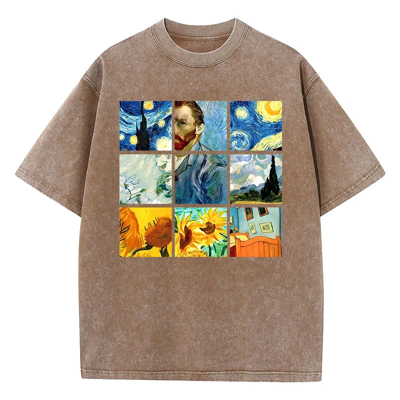 Cotton Woman Washed T-Shirts Van Gogh'S Starry Night And Sunflowers Prints Tops Distressed Oversized Tees Casual Female Clothes