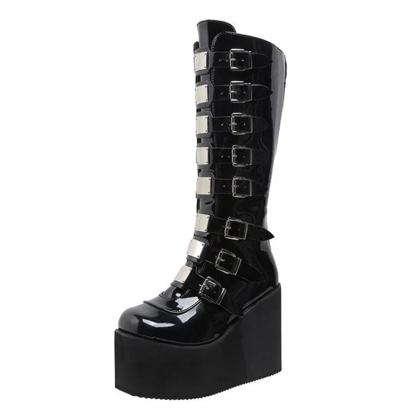 New Women's Cosplay Boots Multi-row Belt Buckle Long Tube Leather Knight Boot Punk Gothic Classic Black High Heel Shoe Knee-High