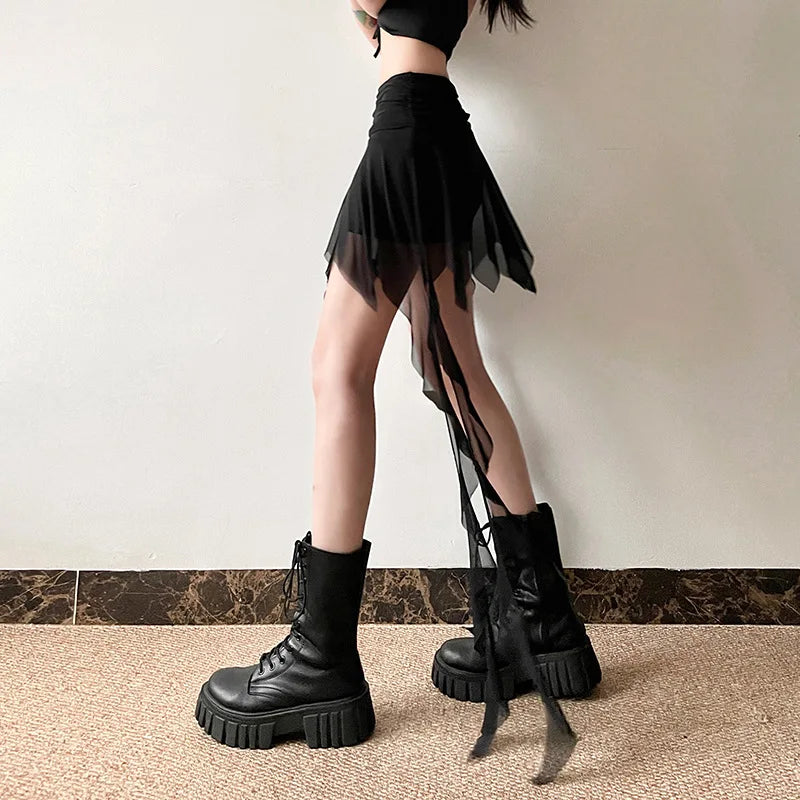 Goth Dark 2000S Aesthetic Irregular Hem Short Skirt Gothic Fashion High Waist Slim A-Line Skirts E-girl Streetwear Mesh Bottoms