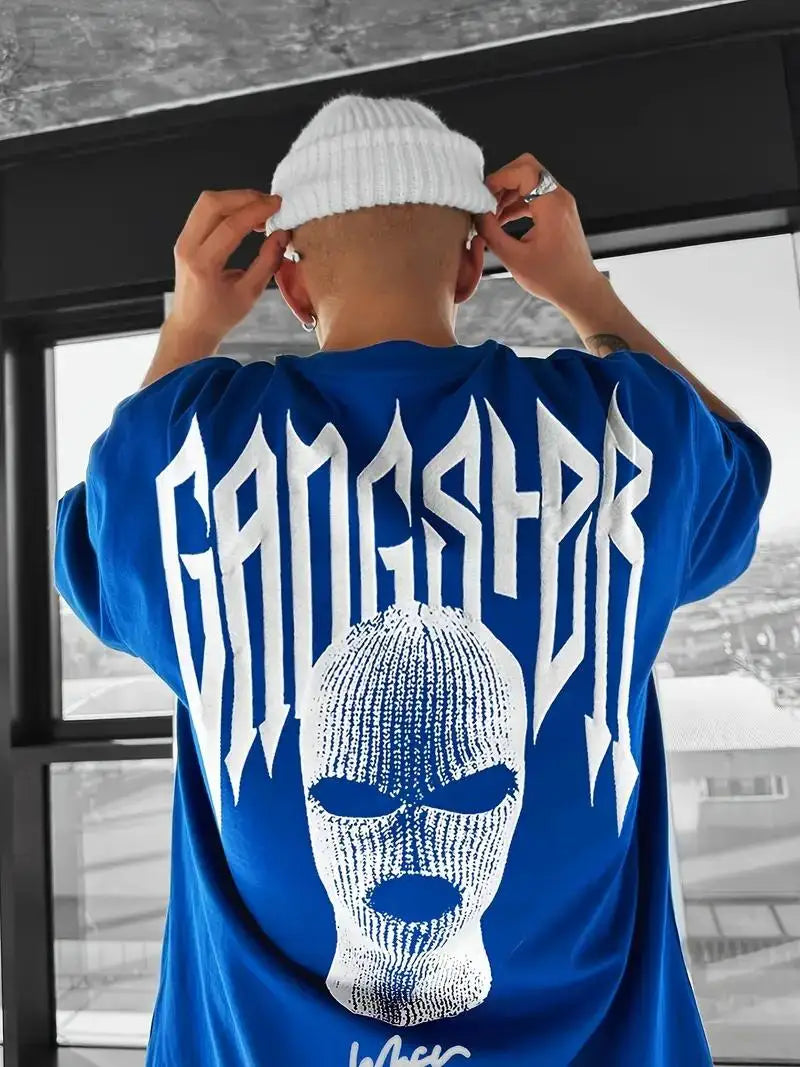 24/25 High-quality American High Street Masked Person Printed T-shirt for Men Oversized Loose Harajuku Short Sleeved Tops