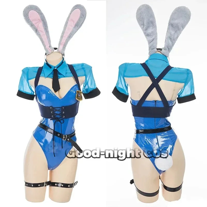 Anime Judy Cosplay Bunny Girl Costume Sexy Catsuit movie role Play Girls PU Leather Uniform Ear headdress Halloween party