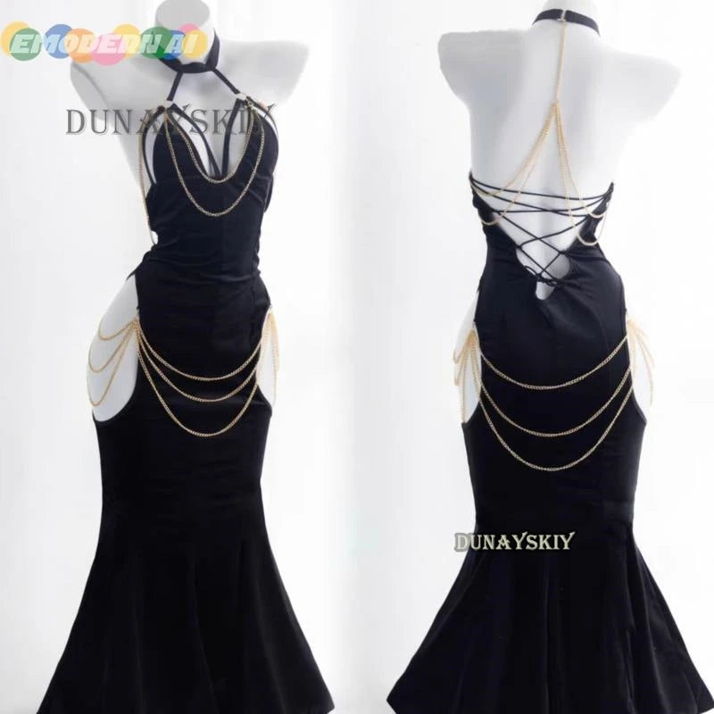 Anime Overlord Albedo Cosplay Costumes Glove Dress Wrapped Hip Open Crotch Fish Tail Skirt Black Mermaid Halloween Lute