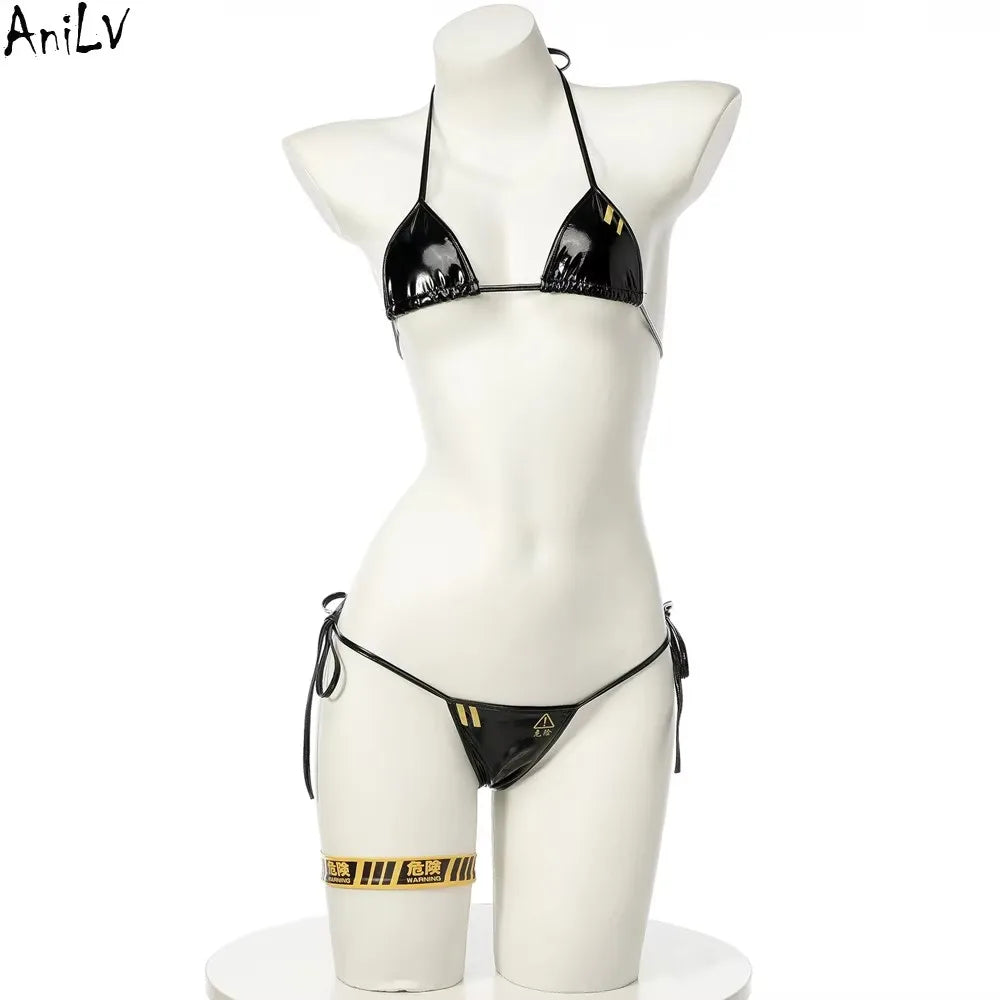 AniLV Danger Warning Yellow Bikini Swimsuit Women Anime Game Three Point Leather Underwear Set Costume Cosplay