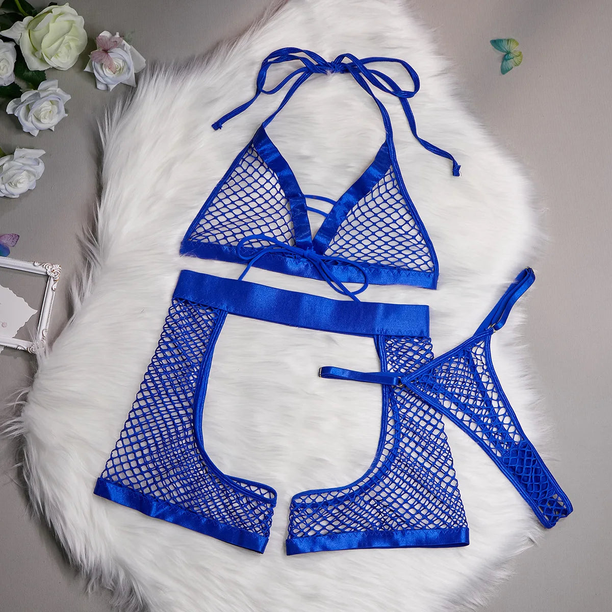 Bikini Fashion Sexy Lingerie Mesh See-through Sexy Soft Women's Three-Piece Suit