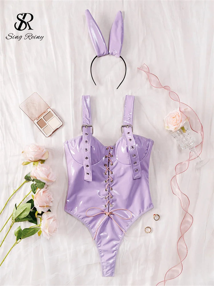SINGREINY Leather Erotic Cosplay Underwear Bodysuits Rabbit Girl Sleeveless Playsuit Fashion Lace Up Slim Women Lingerie Rompers