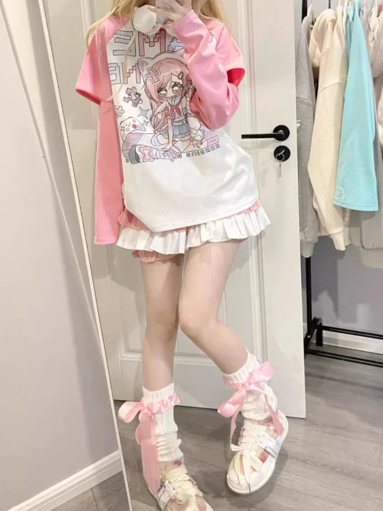 Autumn Japanese Cartoon Print Hoodie Women Clothing Patchwork Y2k Aesthetic Tops 2025 Oversized Casual Zipper Grunge Sweatshirt